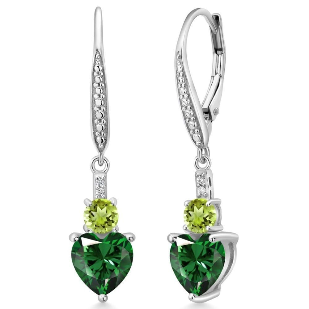 925 Sterling Silver with 2.63 Cttw Emerald and Peridot Heart Drop Earrings